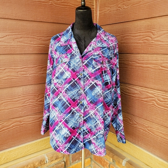 Pappagallo Vintage Abstract Tartan Print Long Sleeve Floral Button Down Shirt - Picture 12 of 16